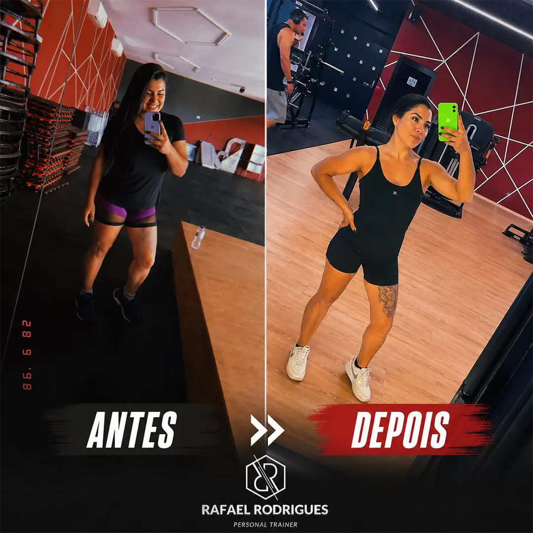 Aluna antes e depois de 8 meses de treino, de 72 kg para 55 kg