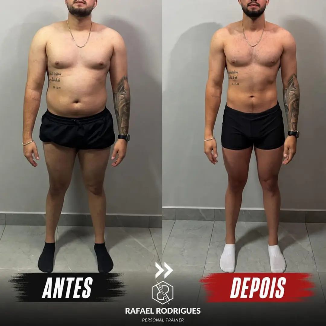 Aluno antes e depois de 10 meses de treino, com redução de 30,8% para 10,6% de gordura corporal