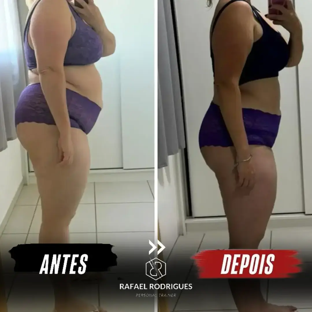 Aluna antes e depois de 6 meses de treino, com 20 kg eliminados