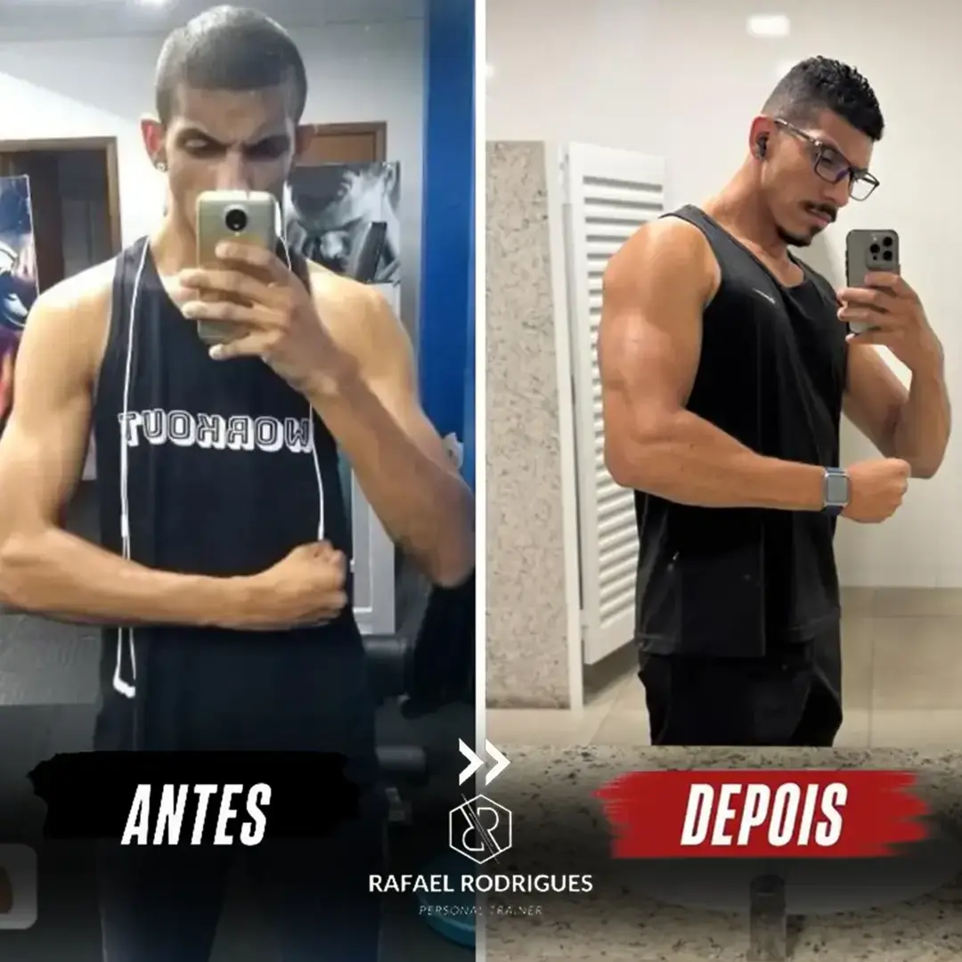 Rafael Rodrigues, antes e depois da própria evolução, com mais de 20 kg de massa ganhos