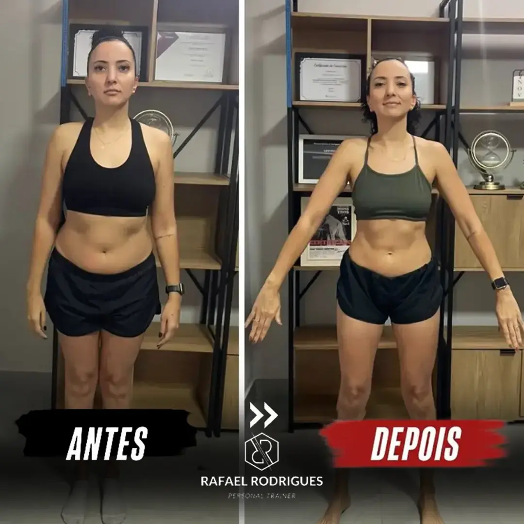 Aluna antes e depois de 1 ano e 3 meses de treino, de 29,9% para 14,7% de gordura corporal